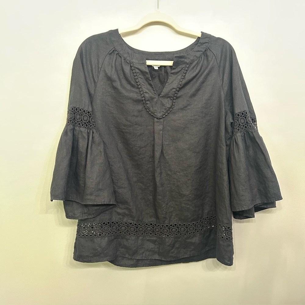 Crown & Ivy Linen Peasant Style Blouse Black Bell Three Quarter Sleeves Size M